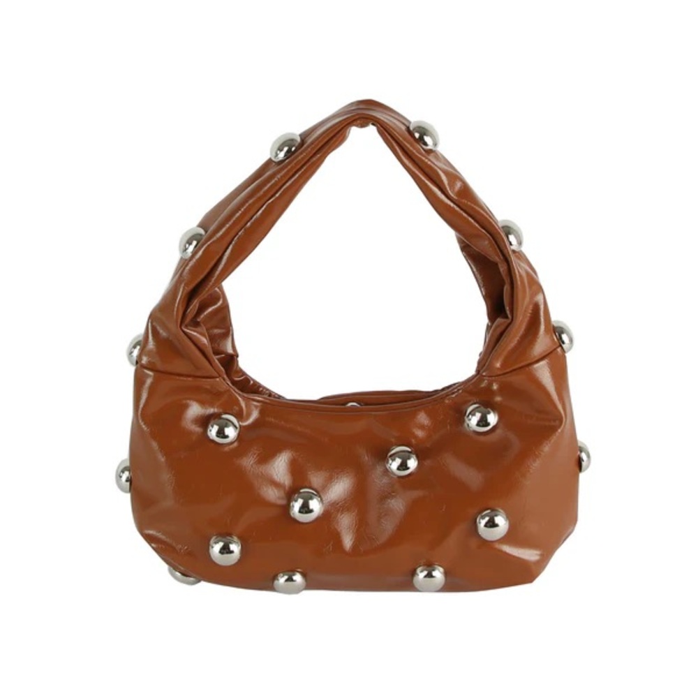Studded Hobo Bag Shoulder Purse Coffee Color Metallic Stud Accents Faux Leather